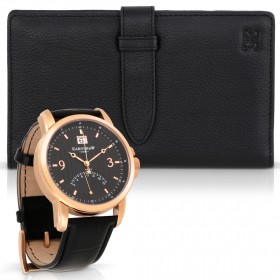 توماس إيرنشو – ساعة فيتزروي بالجلد الأسود والذهب الوردي مع محفظة السفر الجلدية